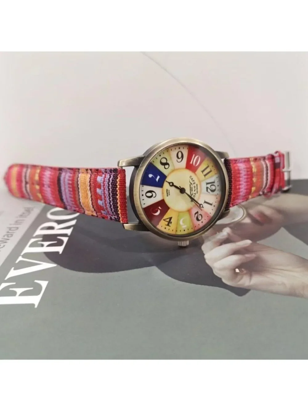 Women's Red Creative Multicolor Woven Strap Fashion Rainbow Pattern Watches